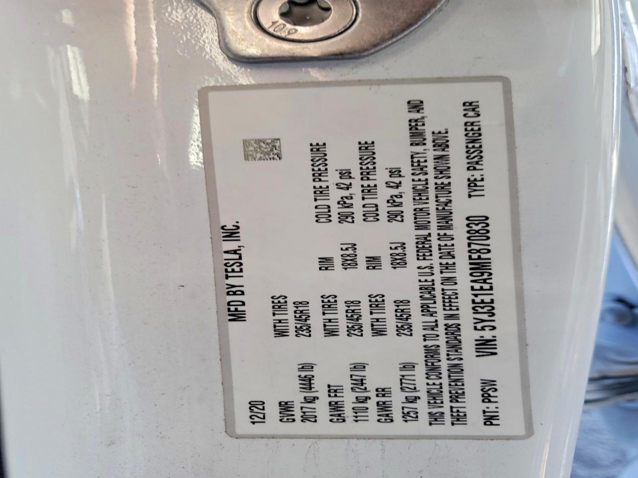 2021 TESLA MODEL 3 photo 12