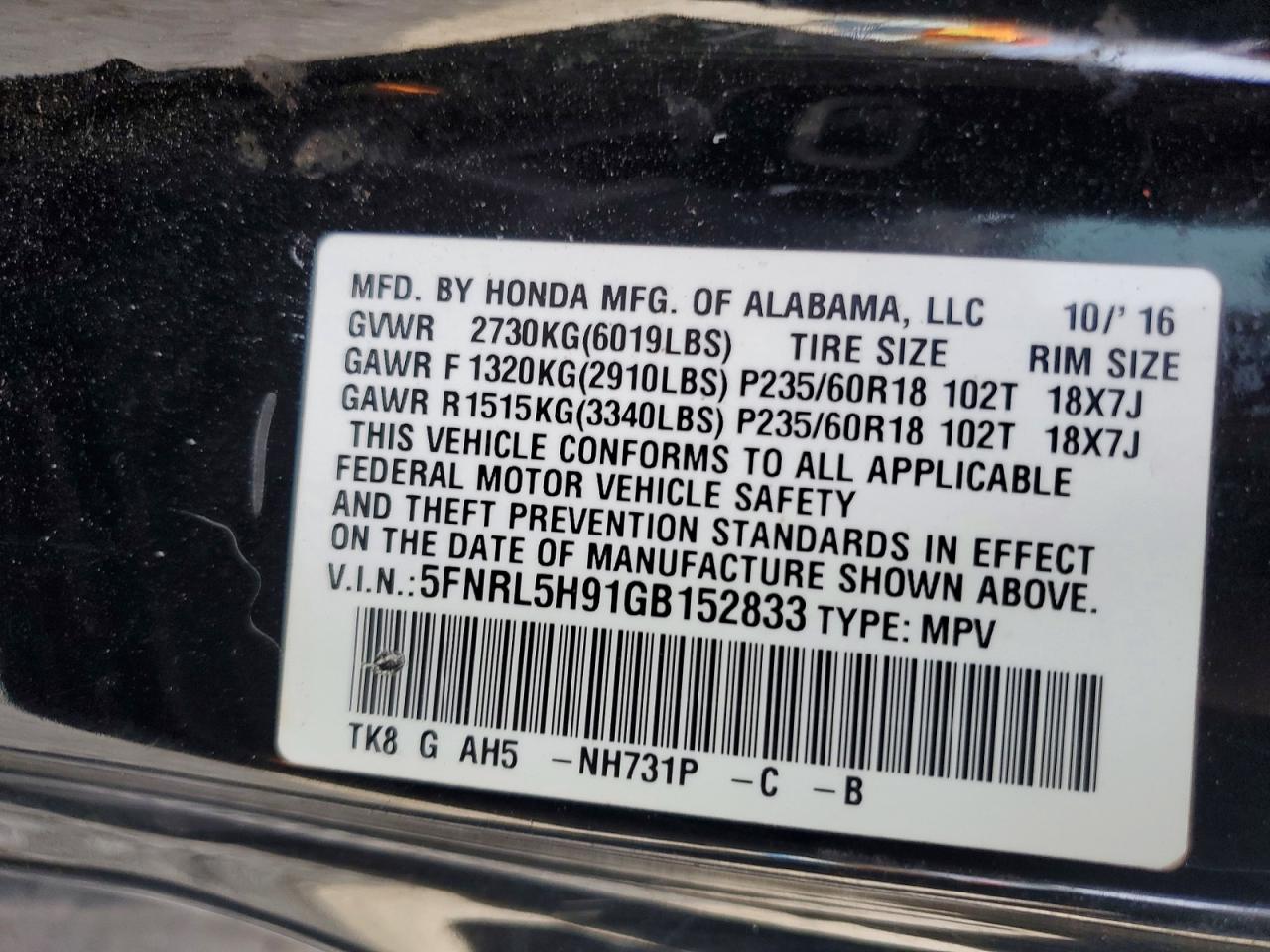 2016 HONDA ODYSSEY TOURING photo 13