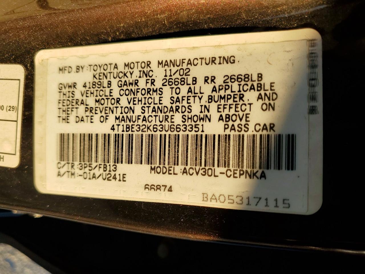 2003 TOYOTA CAMRY LE photo 12