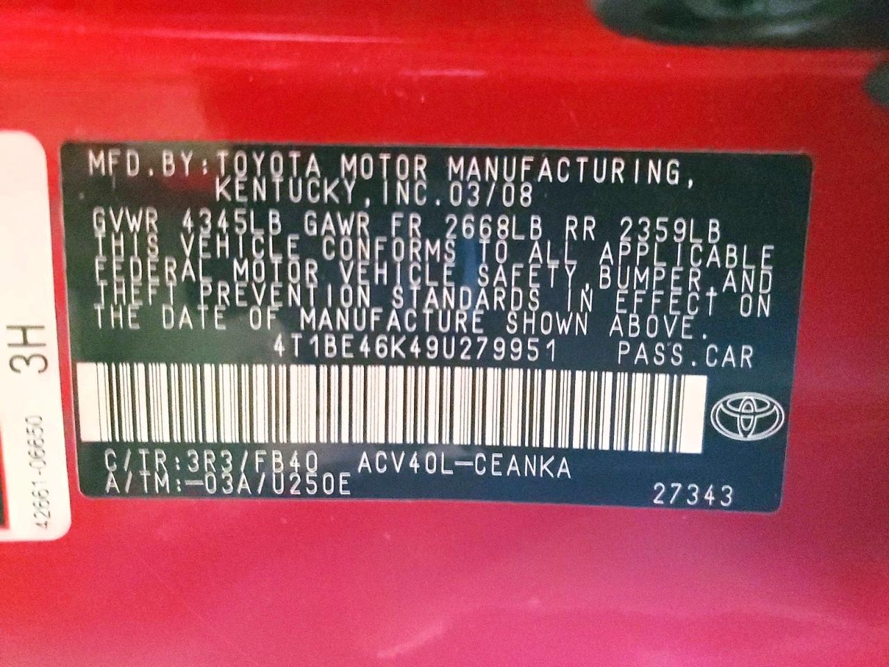 2009 TOYOTA CAMRY BASE photo 12