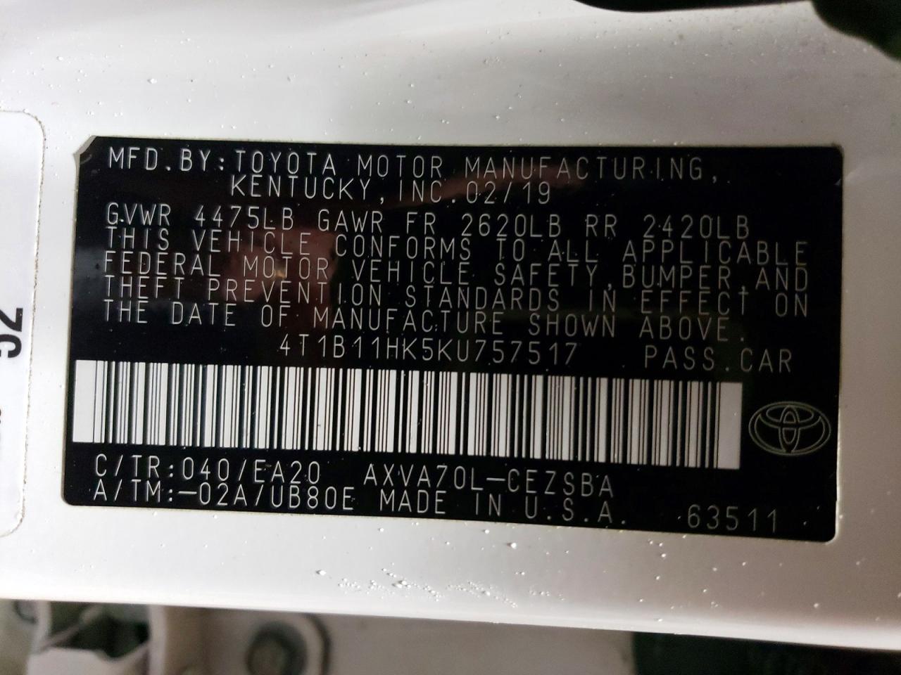 2019 TOYOTA CAMRY L photo 13