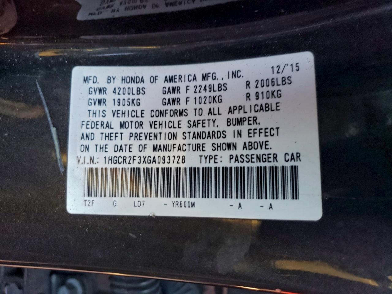 2016 HONDA ACCORD LX photo 12