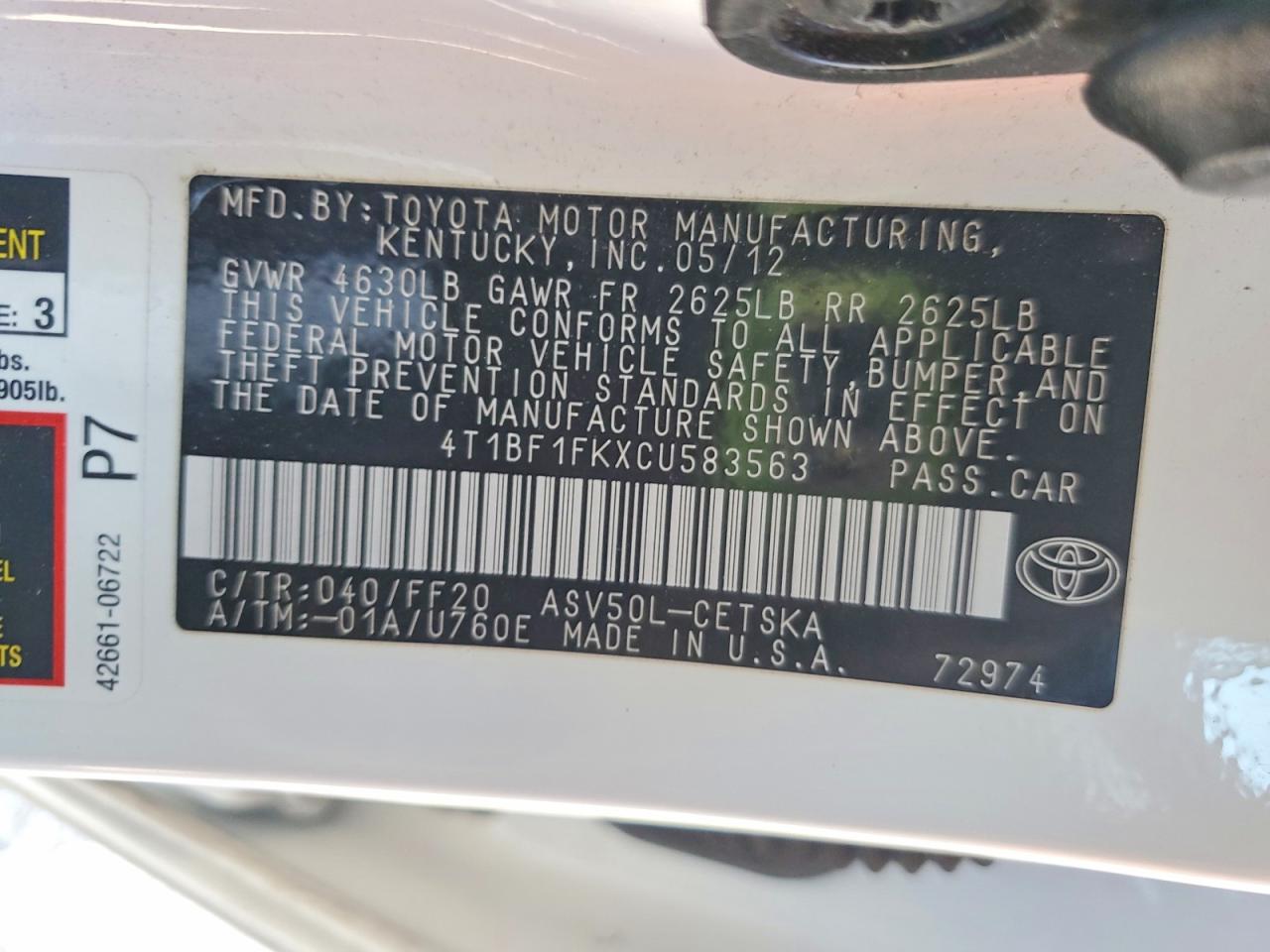 2012 TOYOTA CAMRY BASE photo 12
