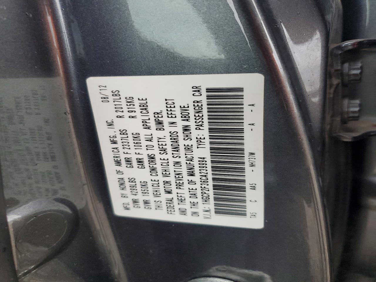 2012 HONDA ACCORD LX photo 12