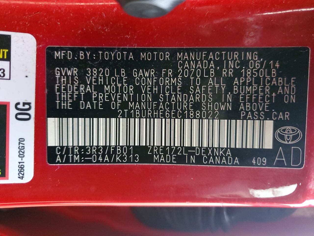 2014 TOYOTA COROLLA L photo 12