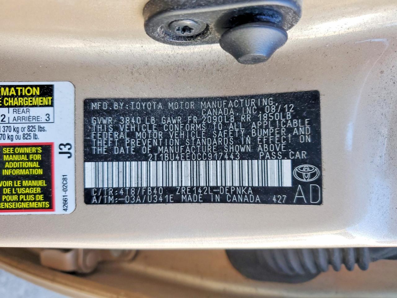 2012 TOYOTA COROLLA BASE photo 12
