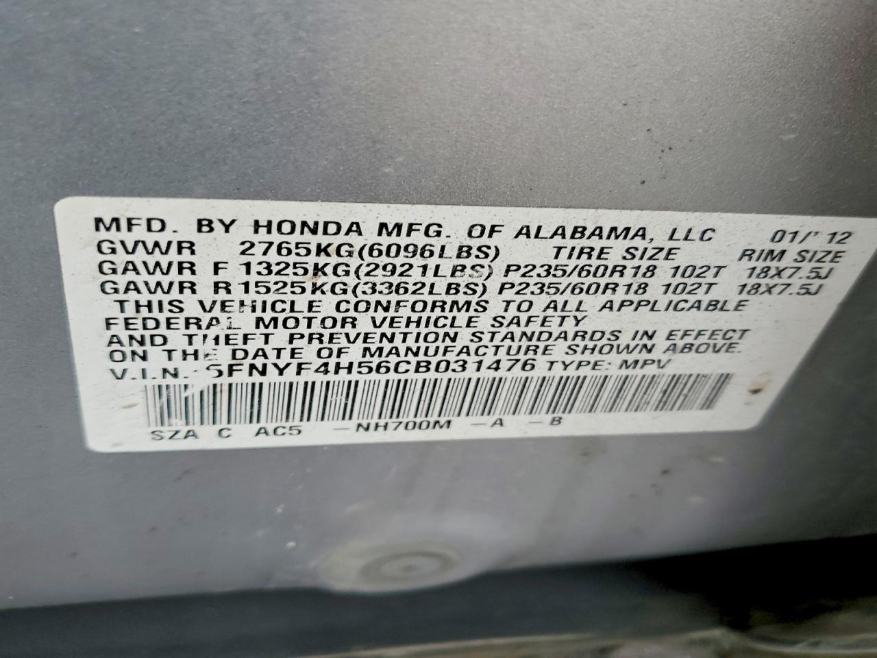2012 HONDA PILOT EXL photo 14