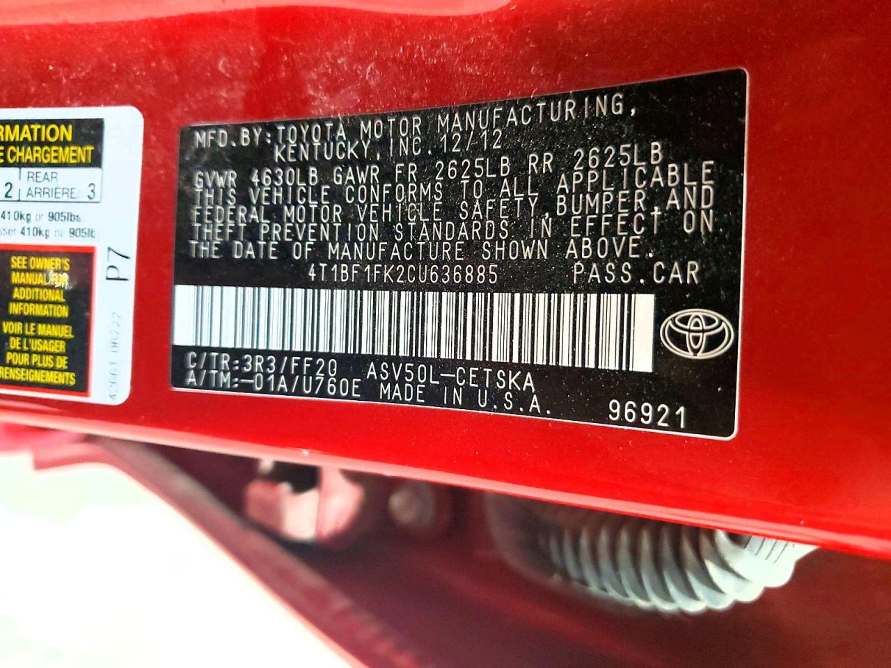 2012 TOYOTA CAMRY BASE photo 12