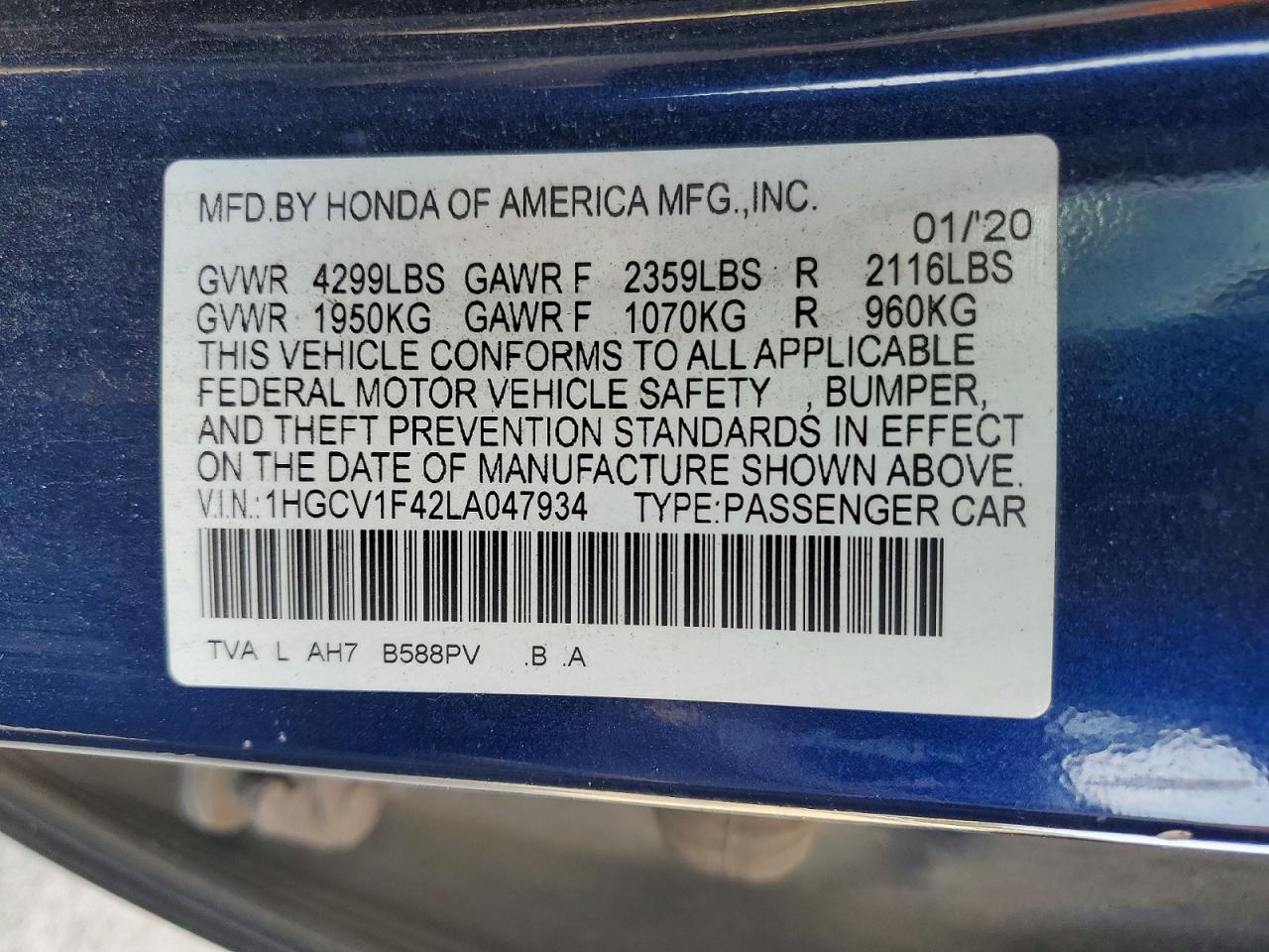 2020 HONDA ACCORD EX photo 23