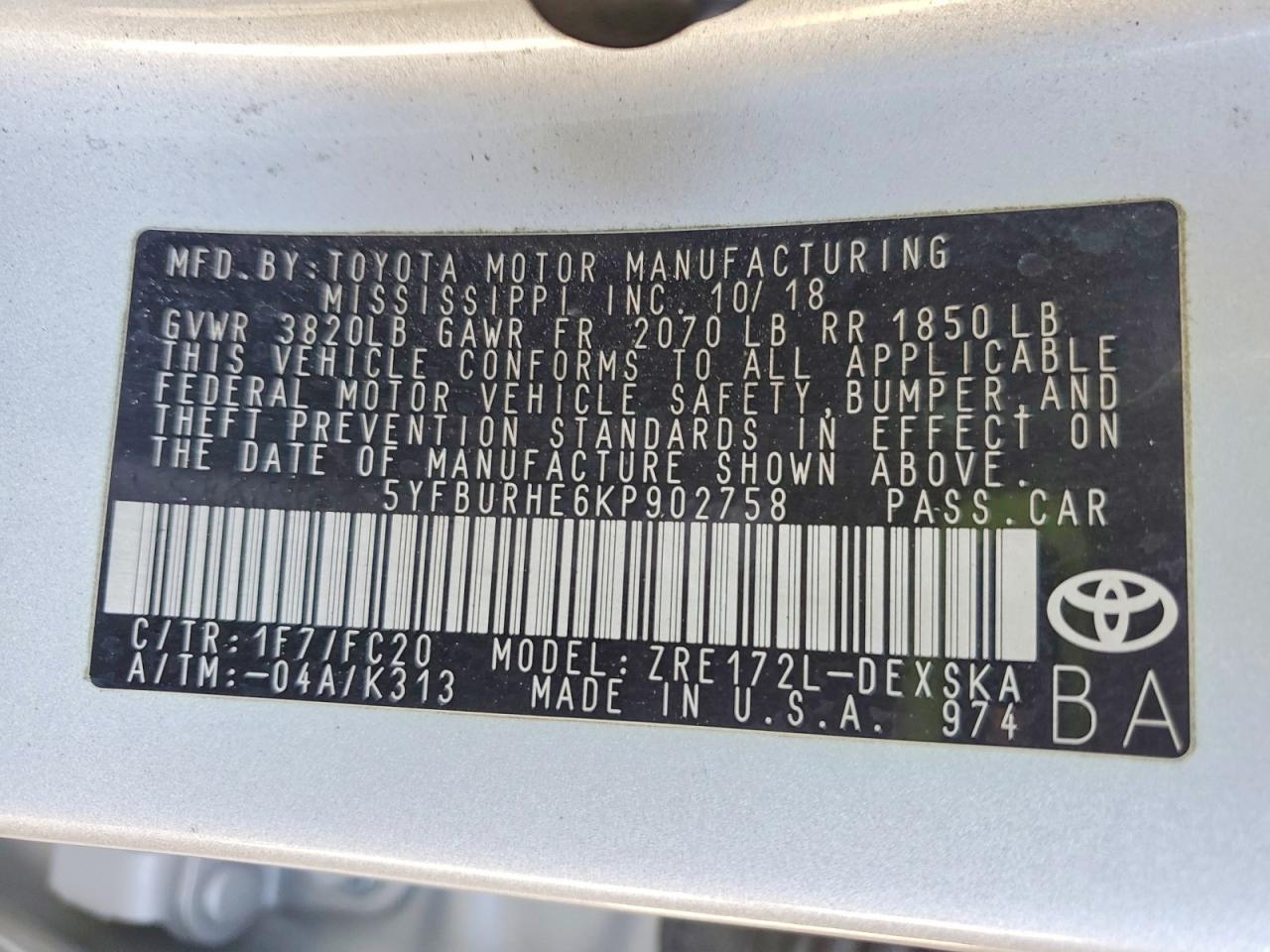 2019 TOYOTA COROLLA L photo 12