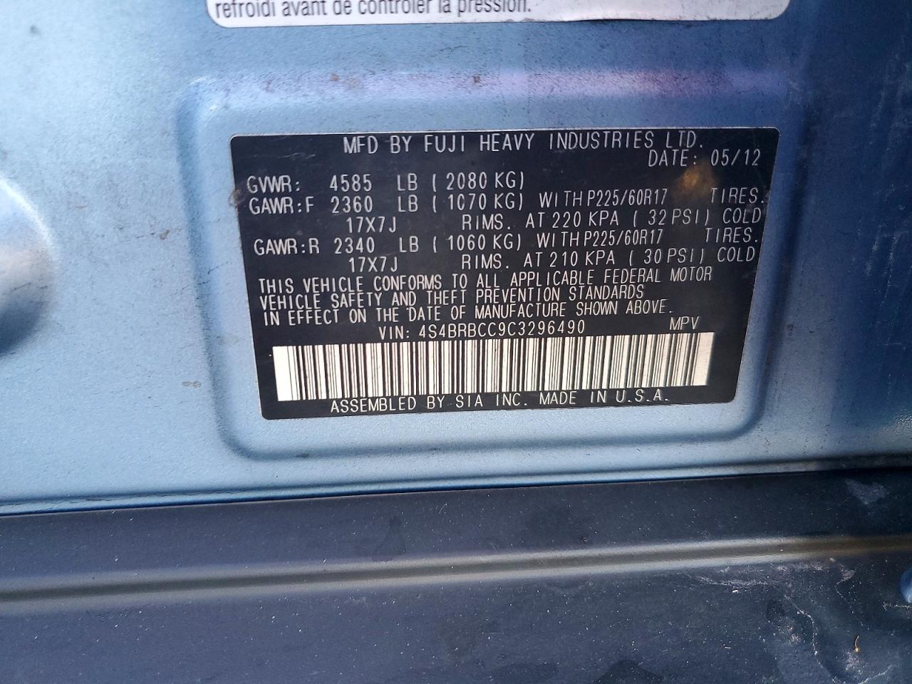 2012 SUBARU OUTBACK 2.5I PREMIUM photo 14