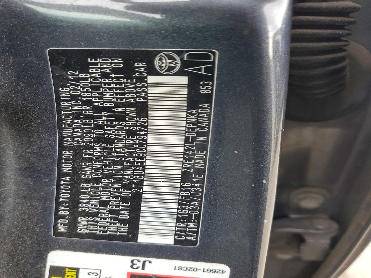 2012 TOYOTA COROLLA BASE photo 13