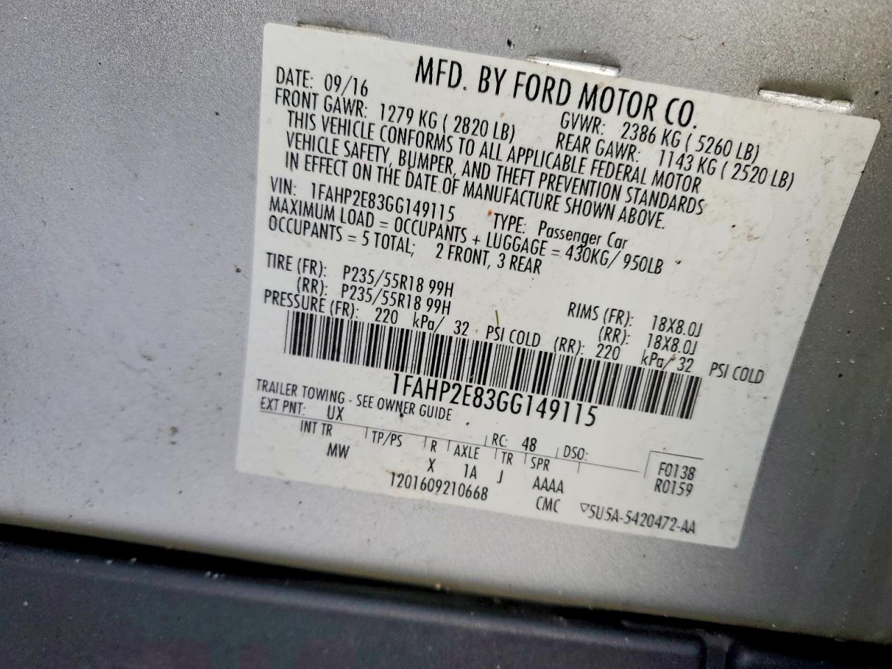 2016 FORD TAURUS SEL photo 12