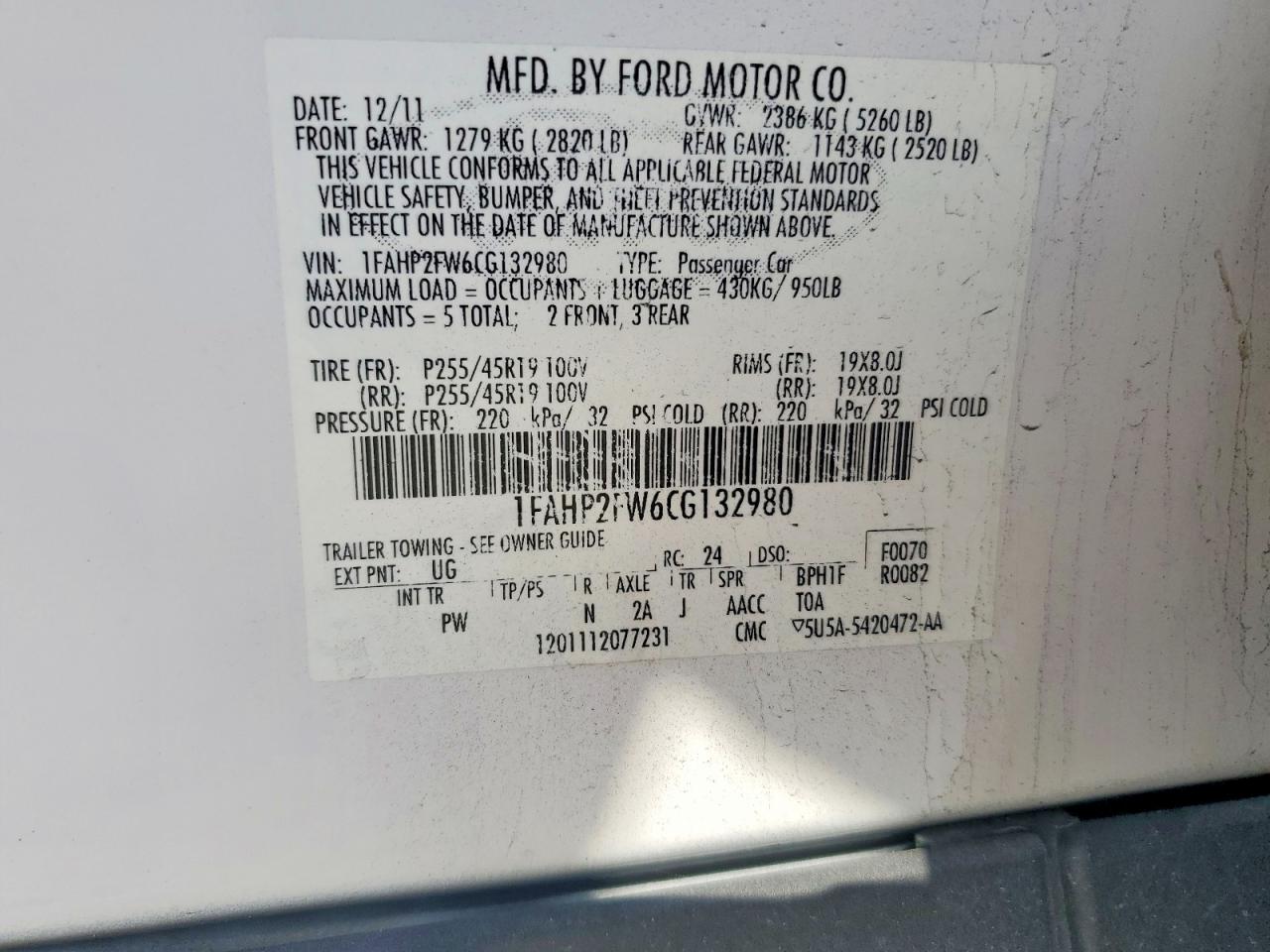 2012 FORD TAURUS LIMITED photo 12