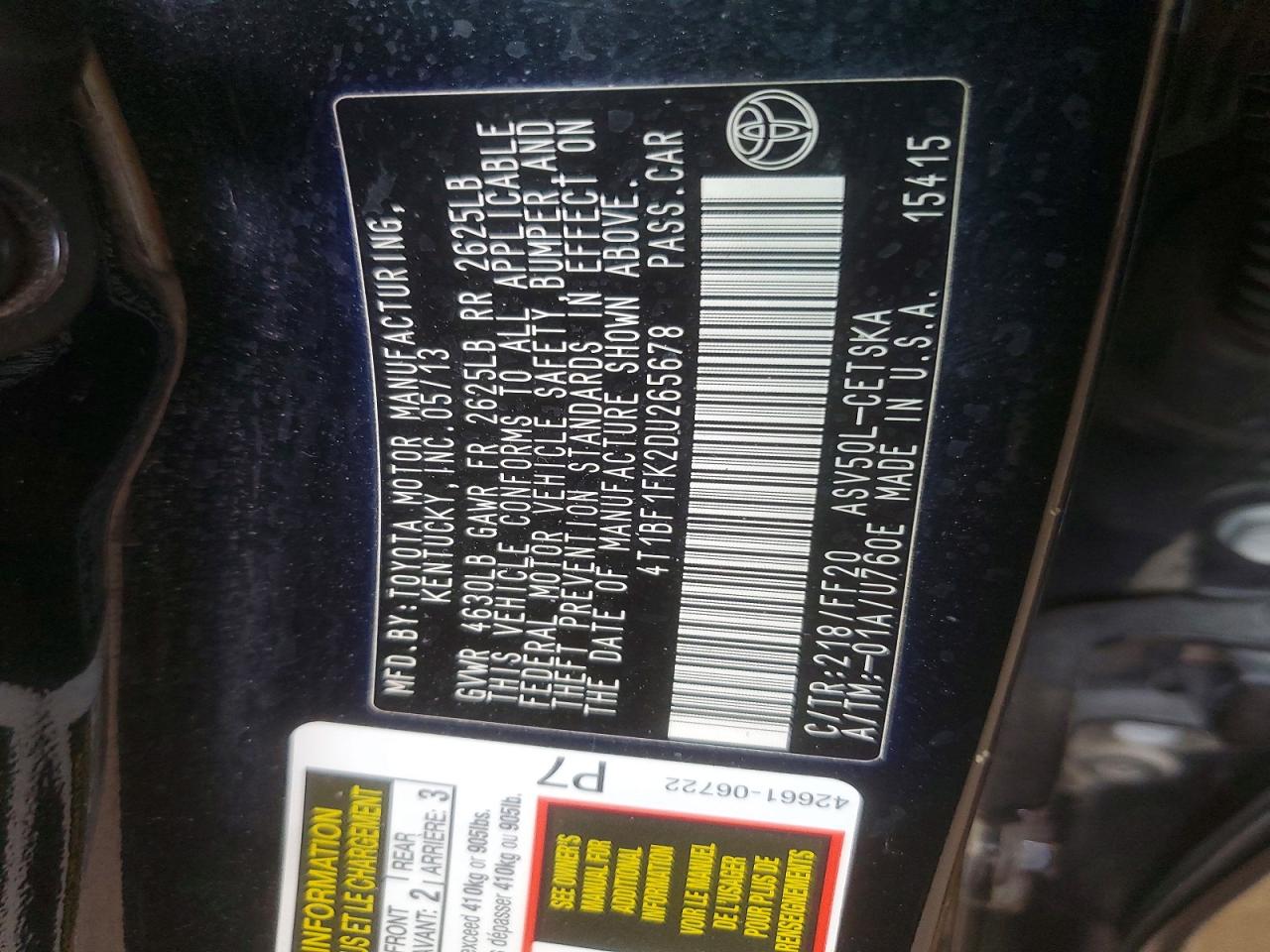 2013 TOYOTA CAMRY L photo 12