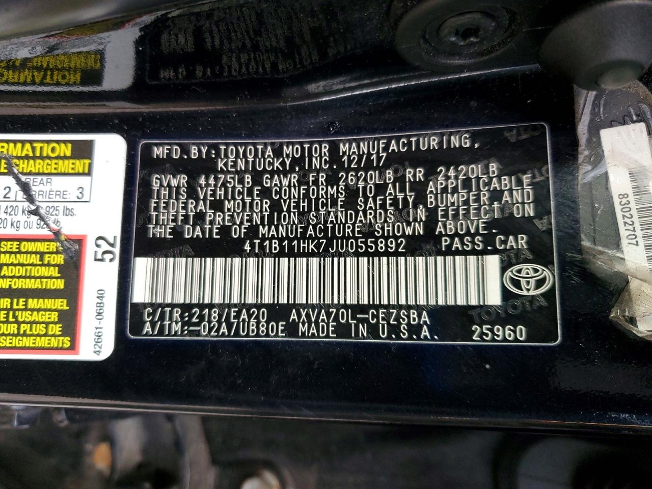 2018 TOYOTA CAMRY L photo 12