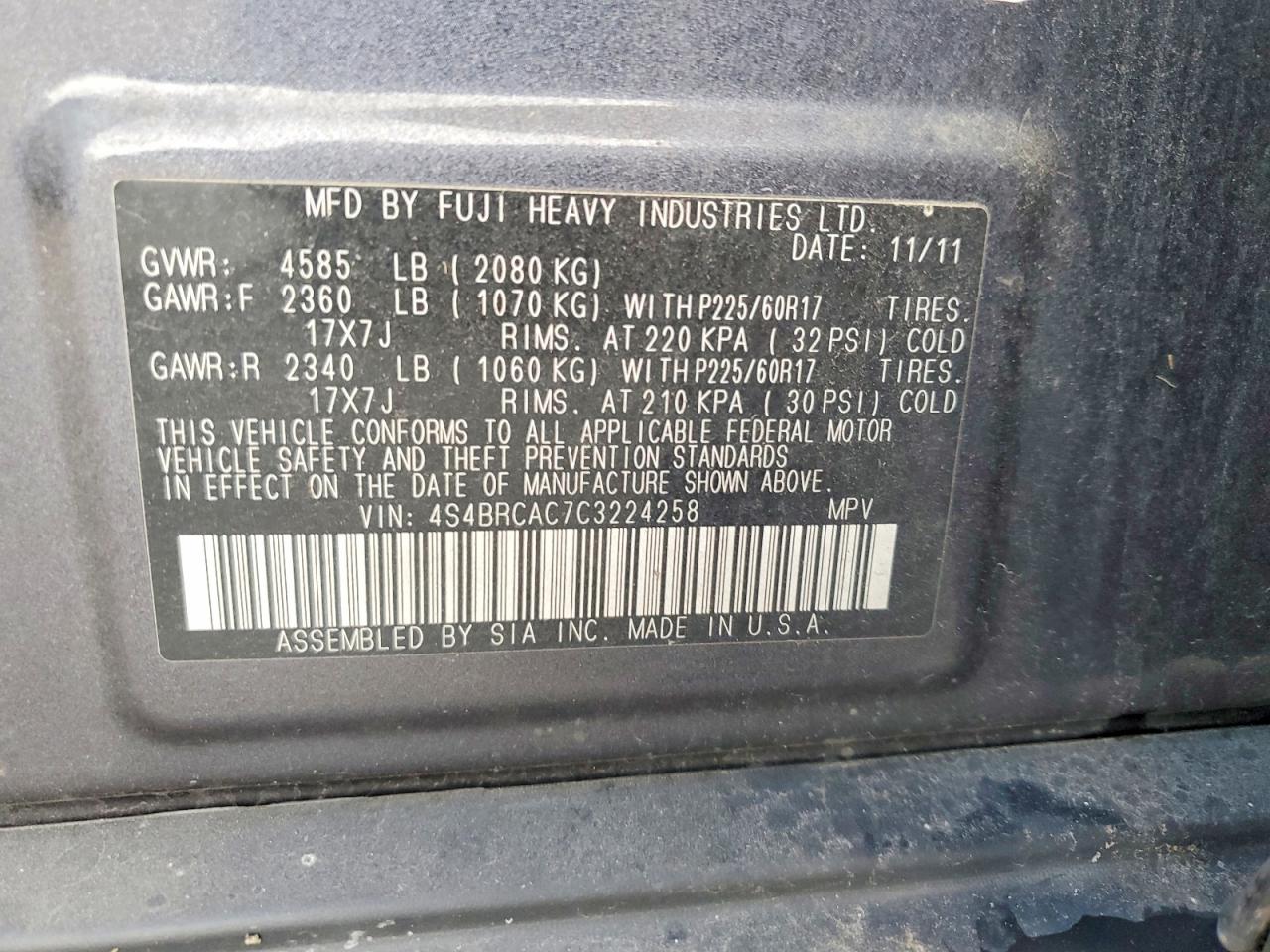 2012 SUBARU OUTBACK 2.5I photo 13