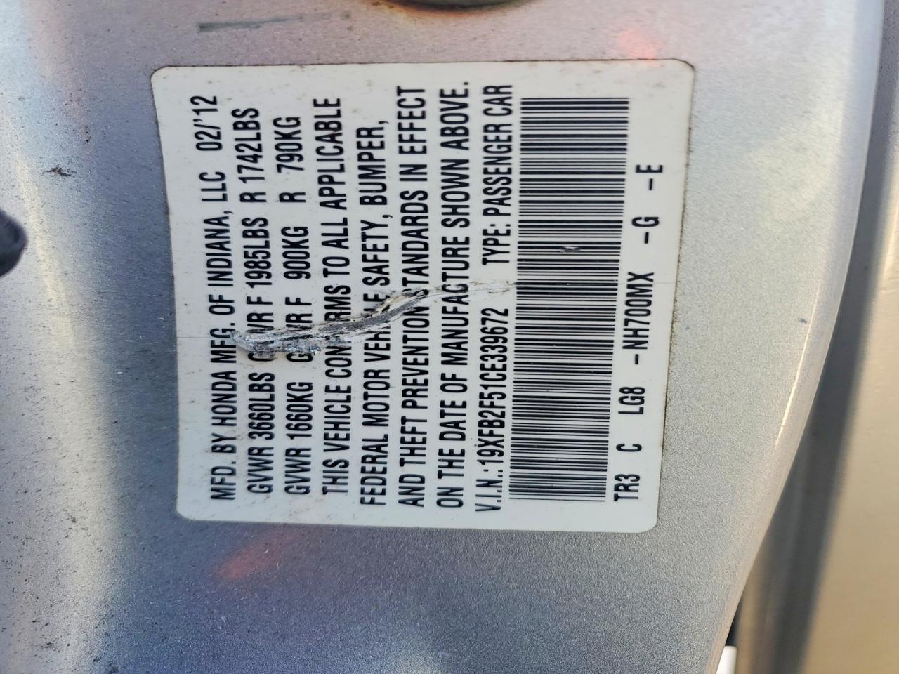 2012 HONDA CIVIC LX photo 12