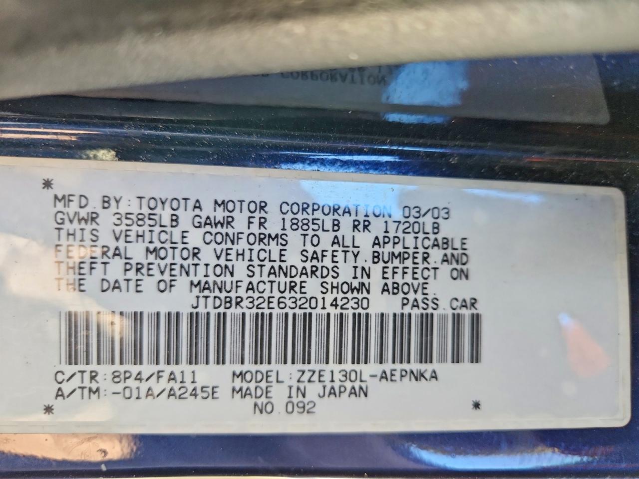 2003 TOYOTA COROLLA CE photo 12