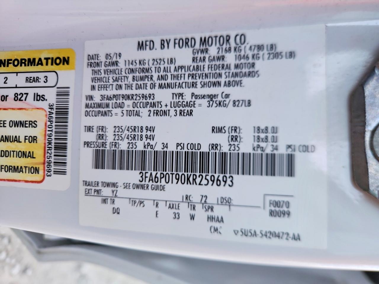 2019 FORD FUSION SE photo 12