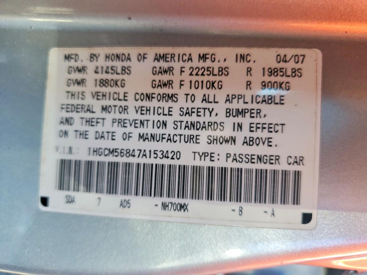 2007 HONDA ACCORD EX photo 12
