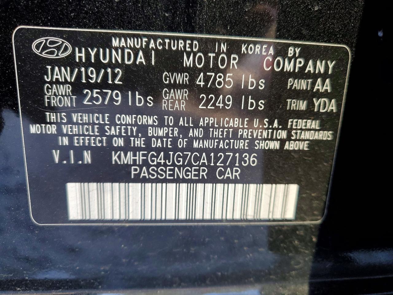 2012 HYUNDAI AZERA GLS photo 13
