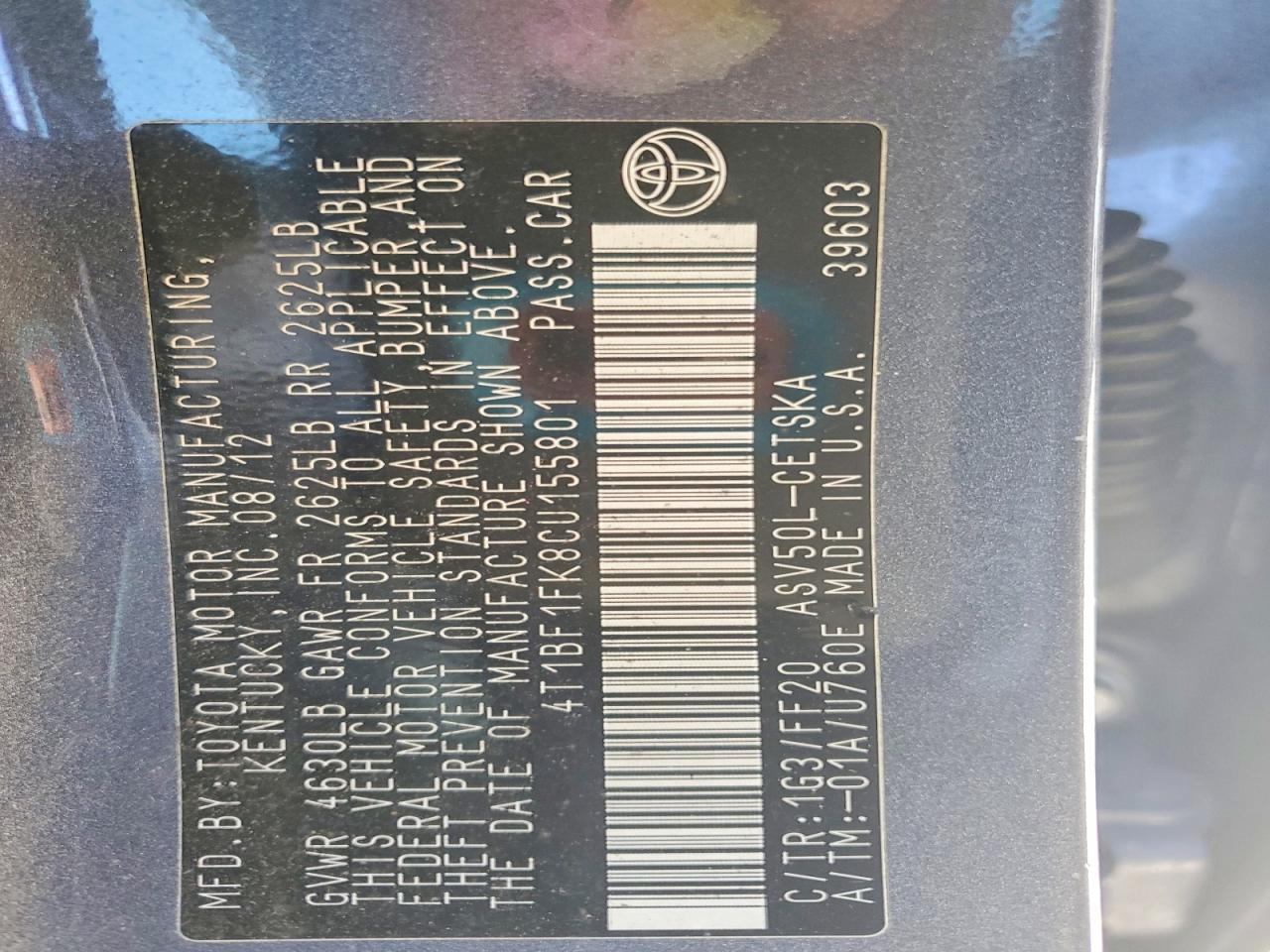2012 TOYOTA CAMRY BASE photo 12