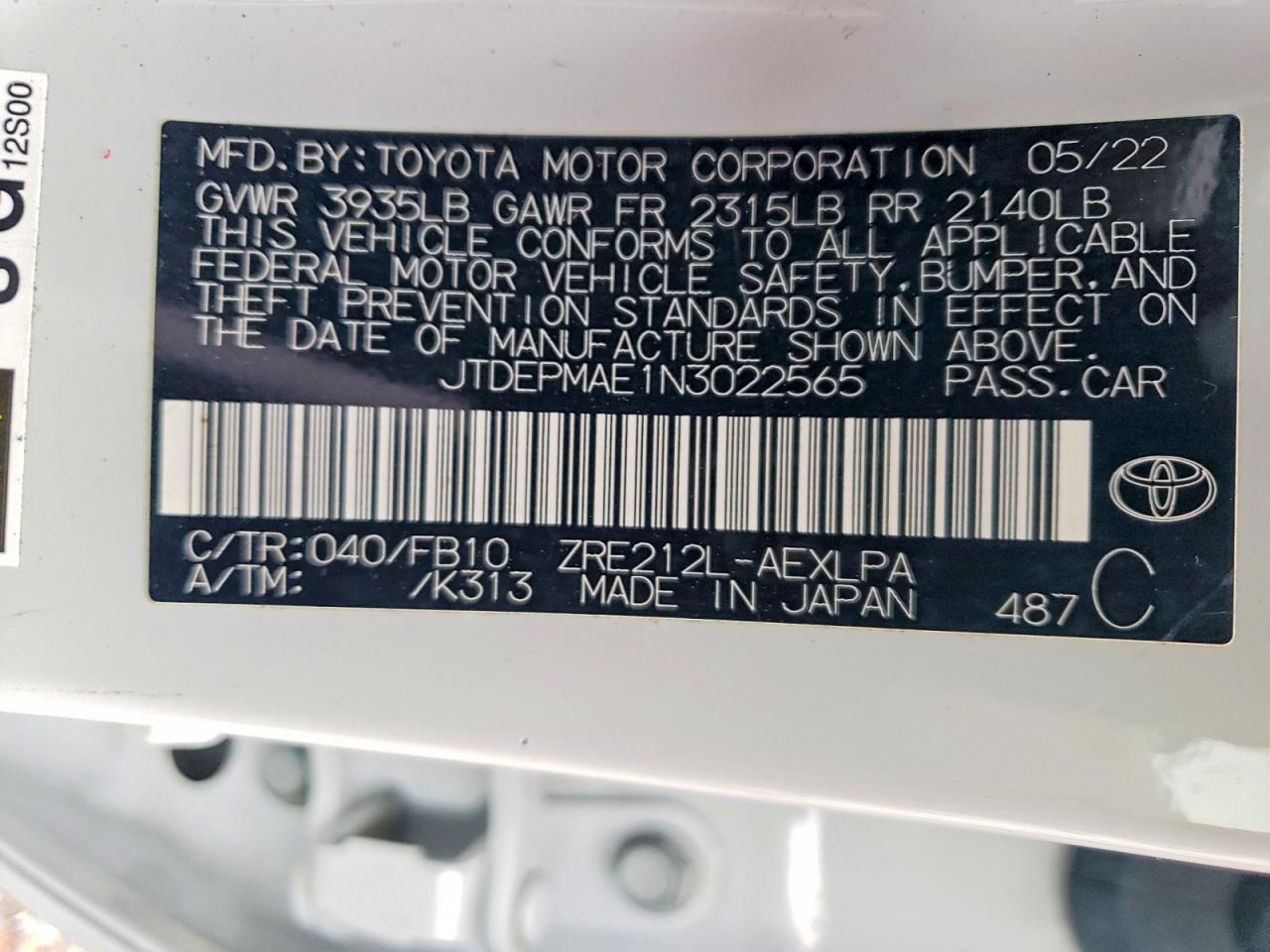 2022 TOYOTA COROLLA LE photo 12