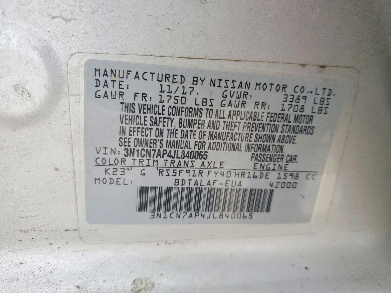 2018 NISSAN VERSA S photo 12