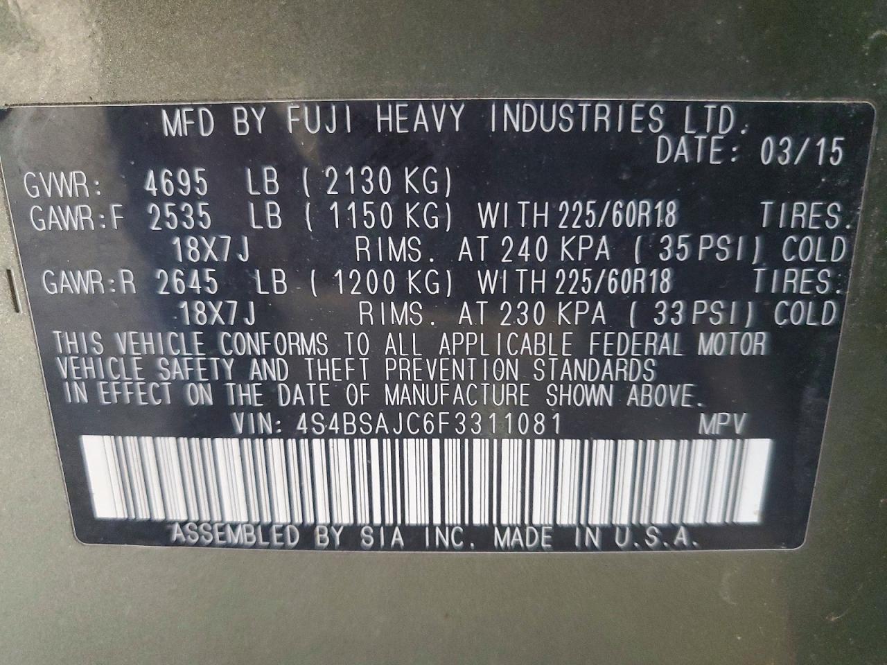 2015 SUBARU OUTBACK 2.5I LIMITED photo 23