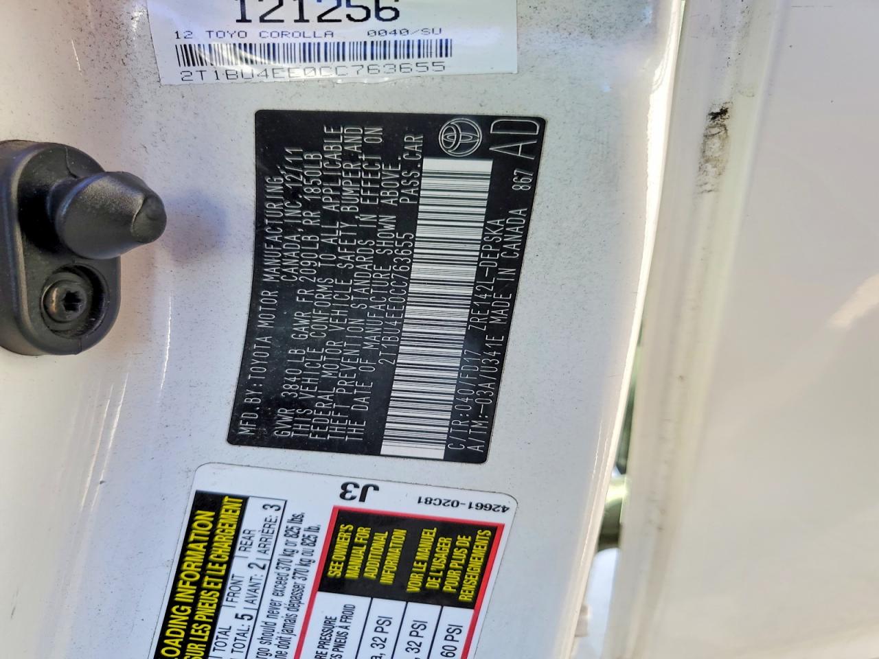 2012 TOYOTA COROLLA BASE photo 12
