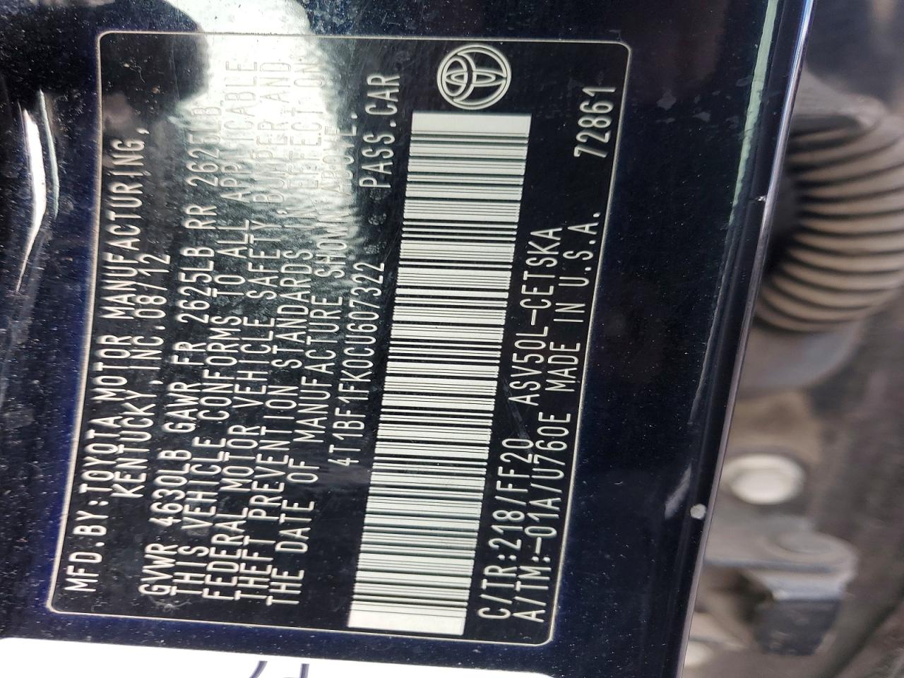 2012 TOYOTA CAMRY BASE photo 23