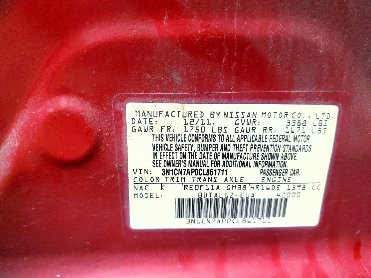 2012 NISSAN VERSA S photo 12