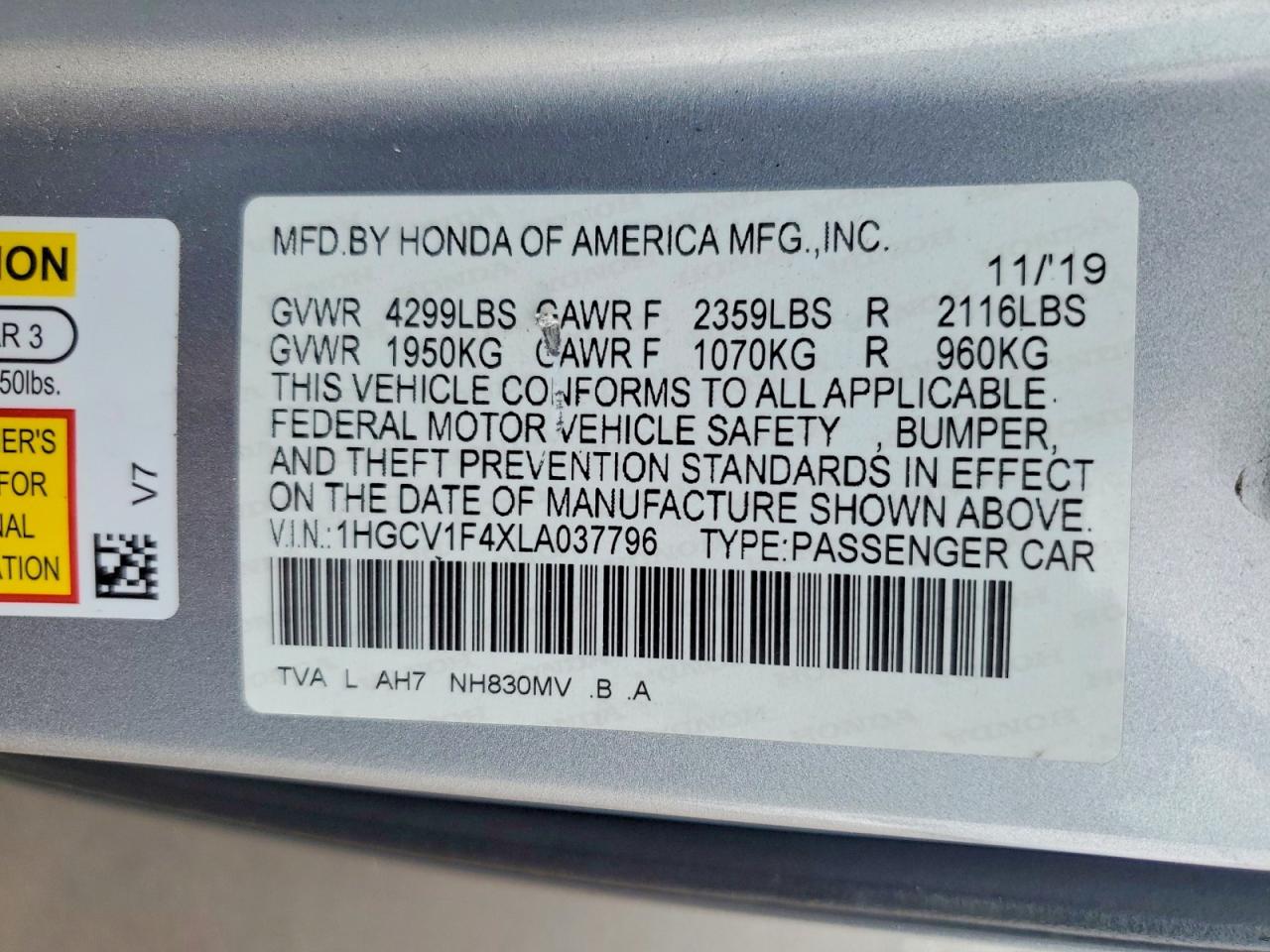 2020 HONDA ACCORD EX photo 12