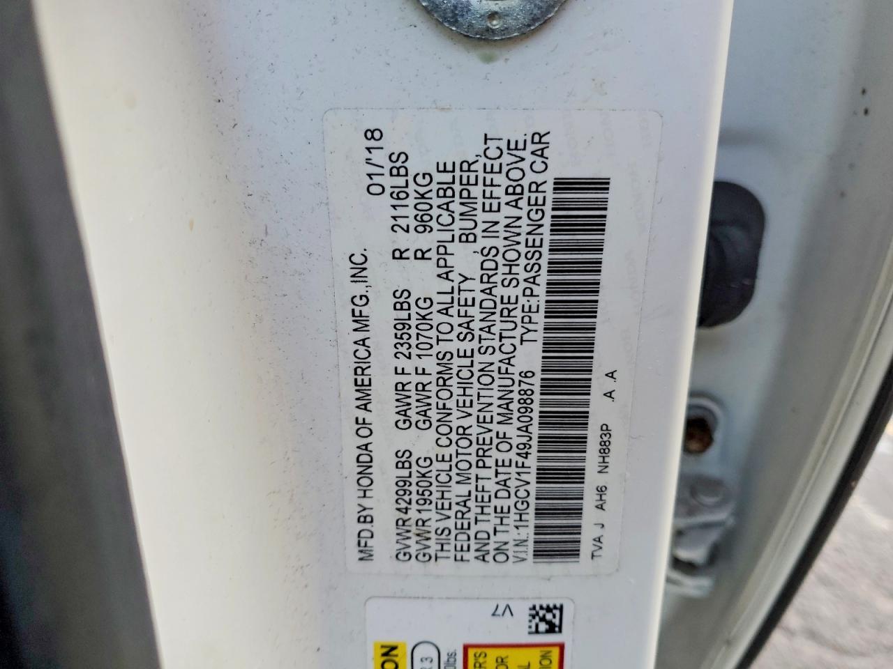 2018 HONDA ACCORD EX photo 12