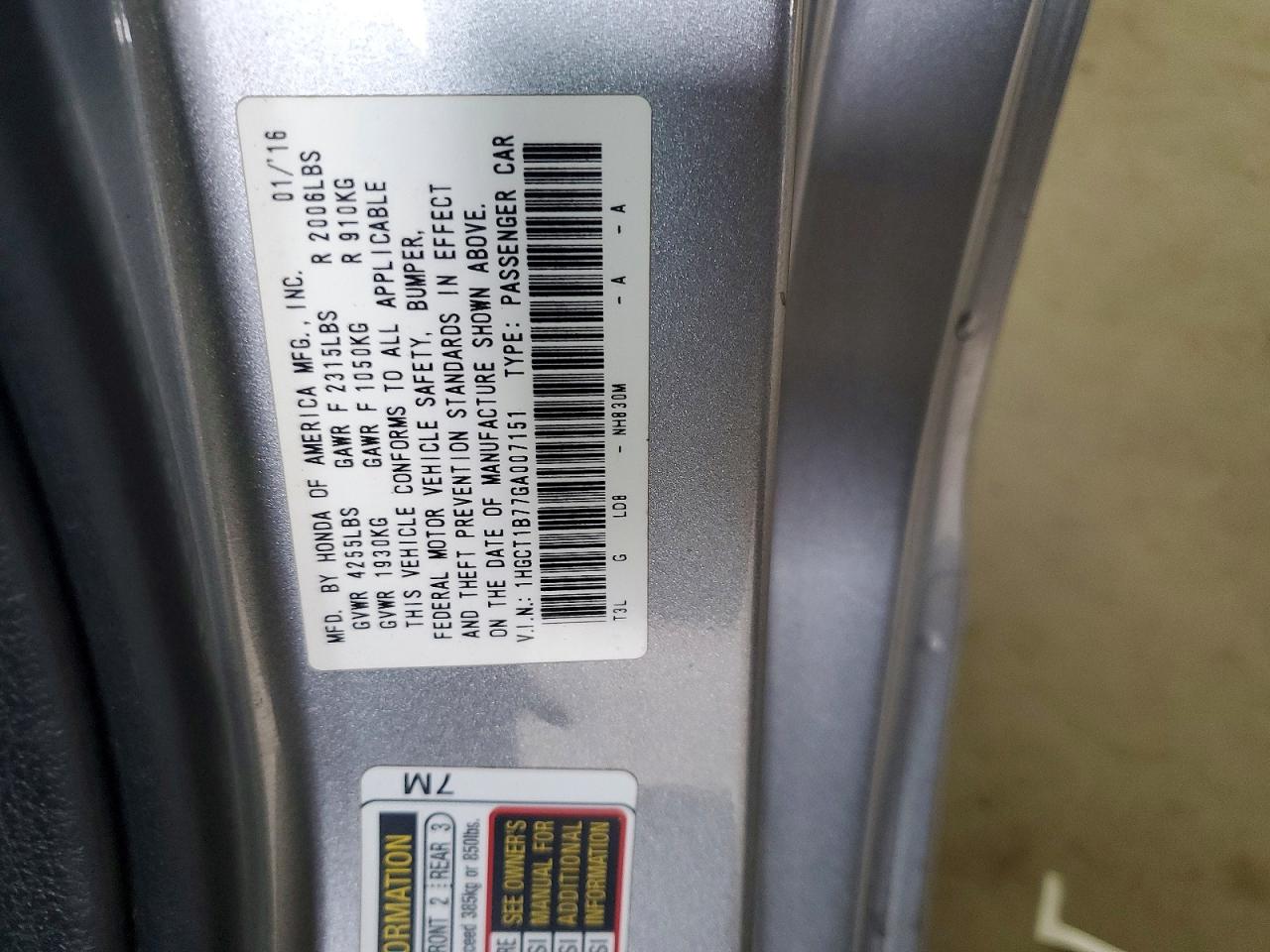 2016 HONDA ACCORD EX photo 12