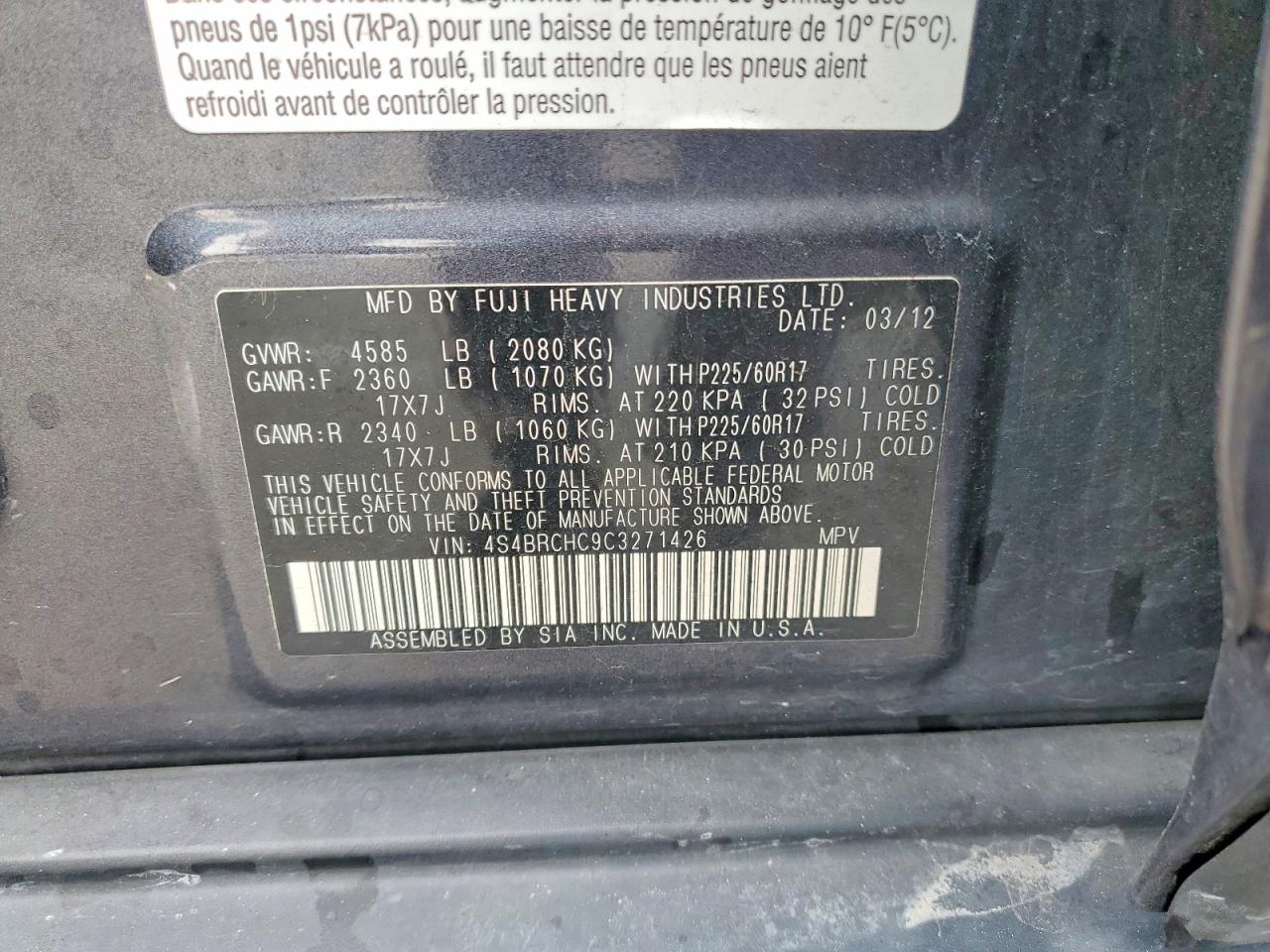 2012 SUBARU OUTBACK 2.5I PREMIUM photo 12