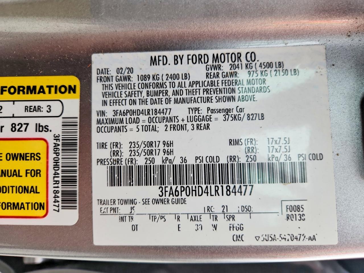 2020 FORD FUSION SE photo 12