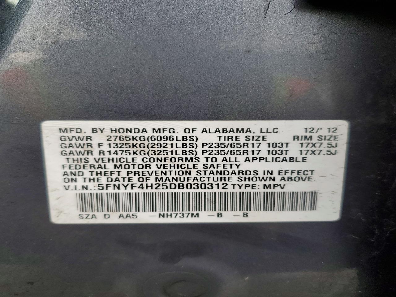 2013 HONDA PILOT LX photo 37