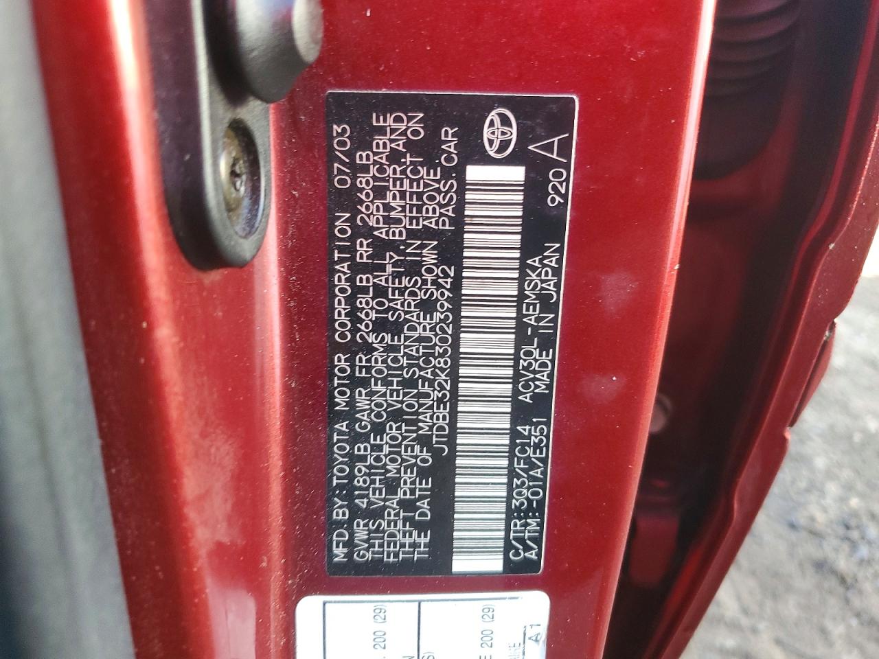 2003 TOYOTA CAMRY LE photo 12