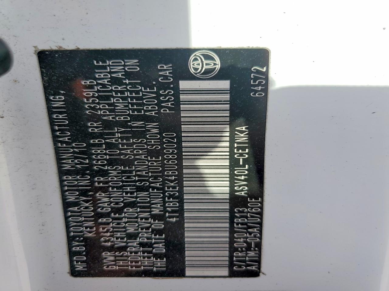 2011 TOYOTA CAMRY BASE photo 12
