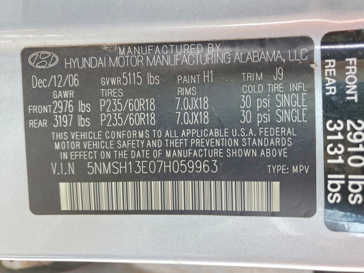 2007 HYUNDAI SANTA FE SE photo 13