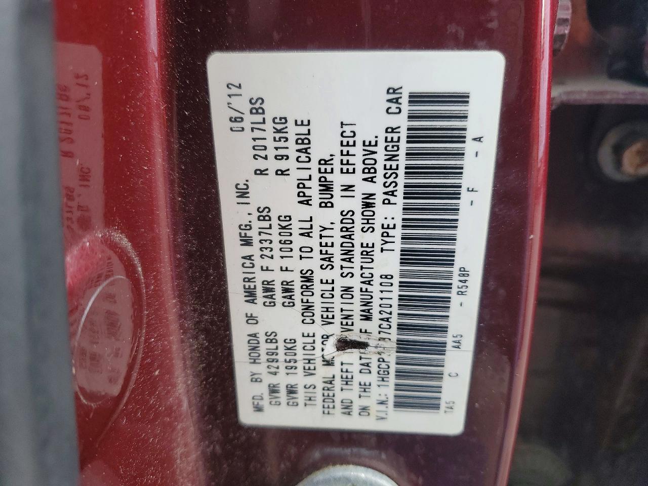 2012 HONDA ACCORD LX photo 12