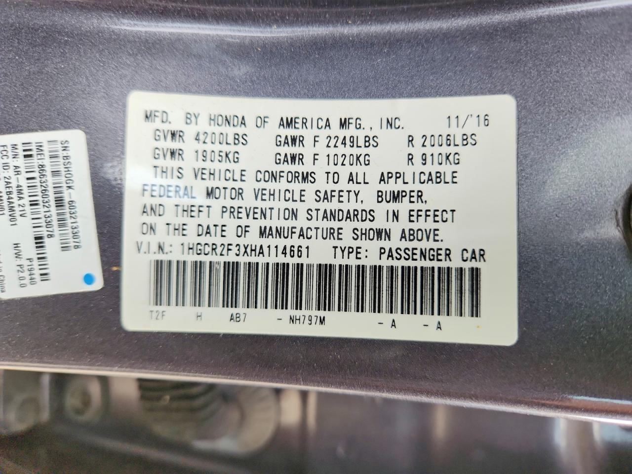 2017 HONDA ACCORD LX photo 12