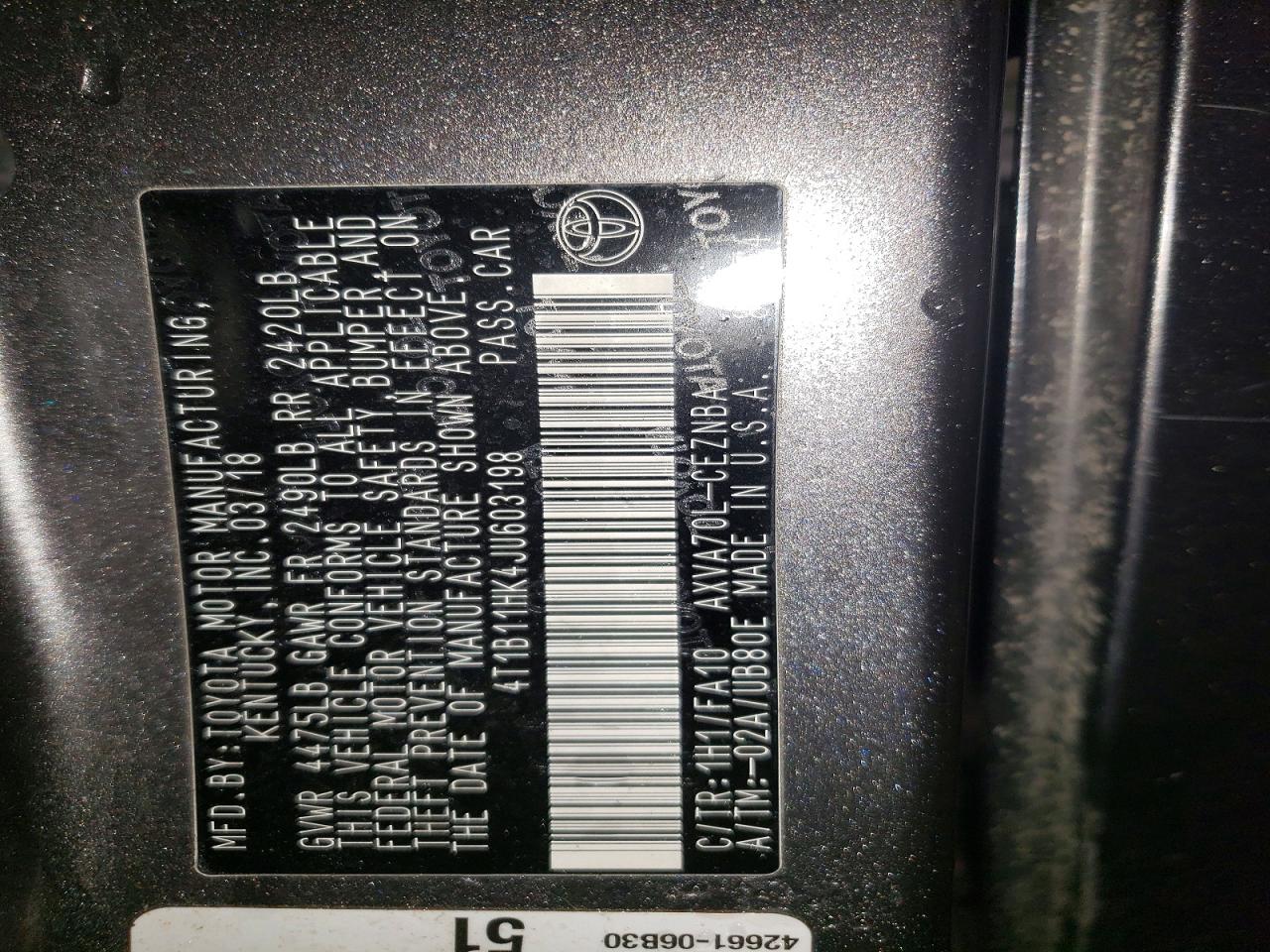 2018 TOYOTA CAMRY L photo 12