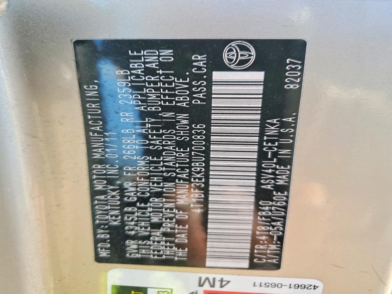2011 TOYOTA CAMRY BASE photo 12