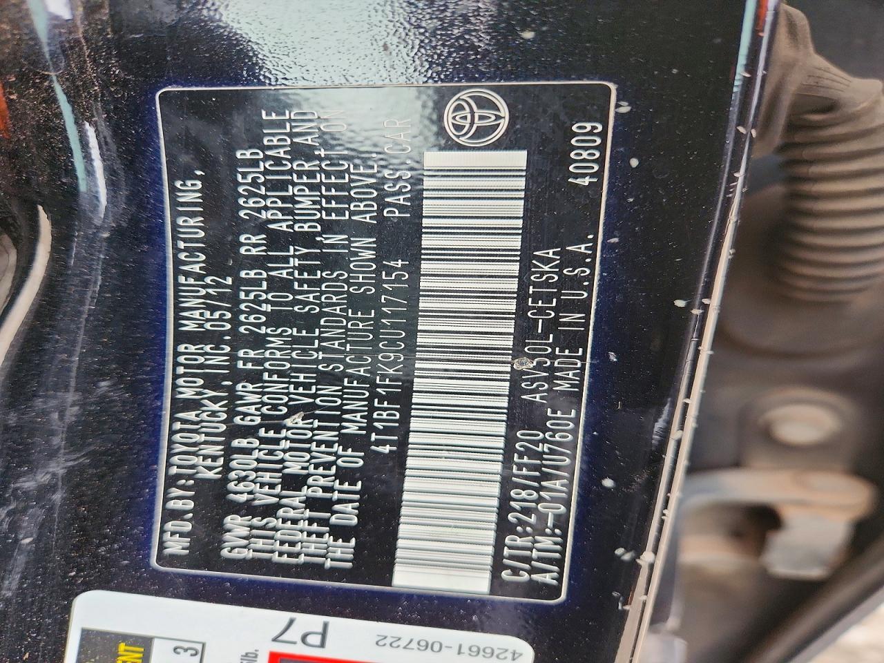 2012 TOYOTA CAMRY BASE photo 23