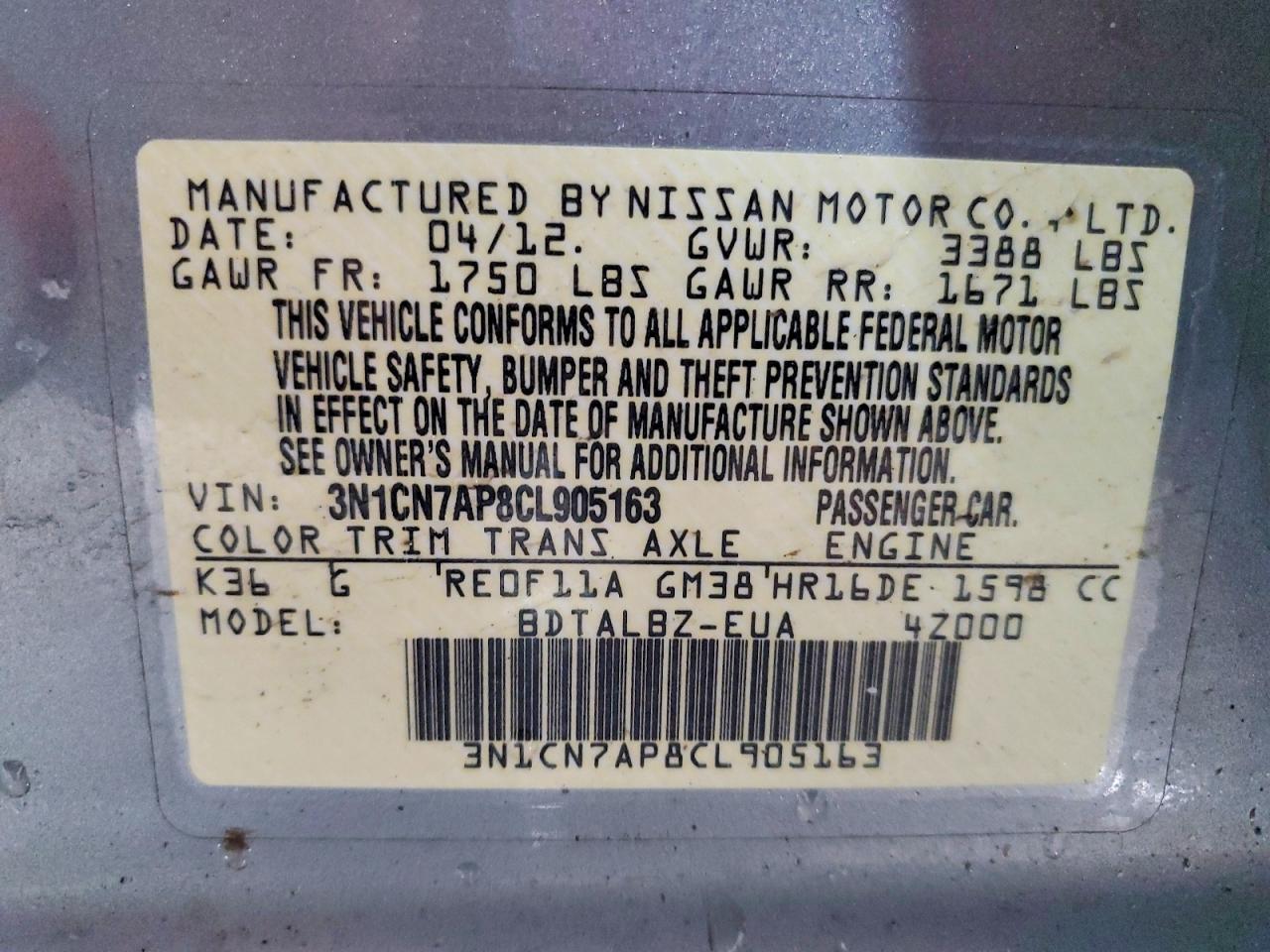 2012 NISSAN VERSA S photo 12