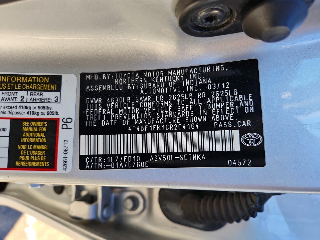 2012 TOYOTA CAMRY BASE photo 12