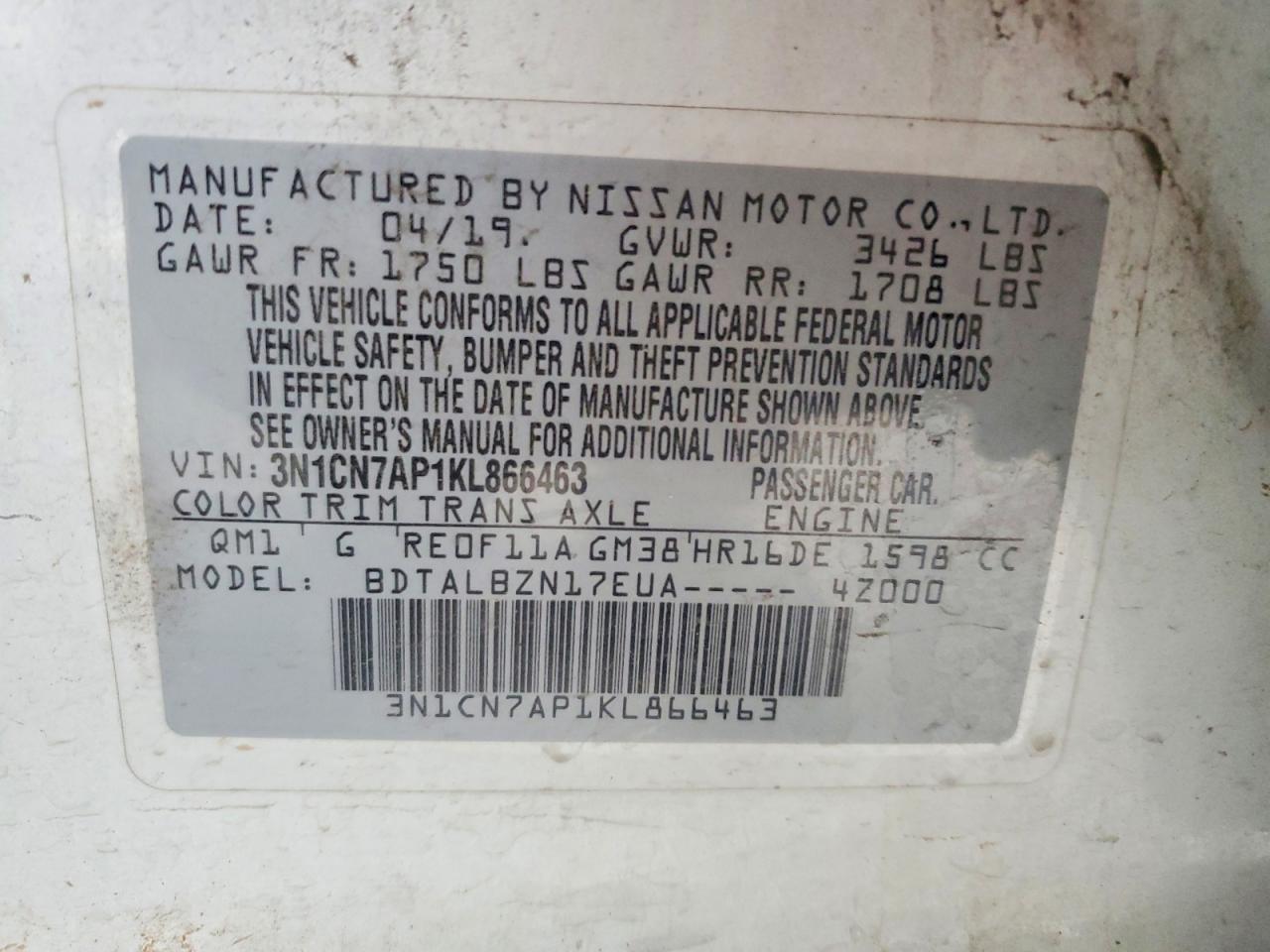 2019 NISSAN VERSA S photo 12